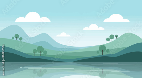 Serene Mountain Lake Landscape with Lush Green Hills and Trees.