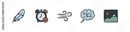 Icons related to sleep and dreams: feather, alarm clock, wind, thought bubble, night landscape.