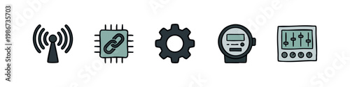 Technology Infrastructure and Measurement Icons - Signal Tower, Chip, Gear, Meter and Mixing Board