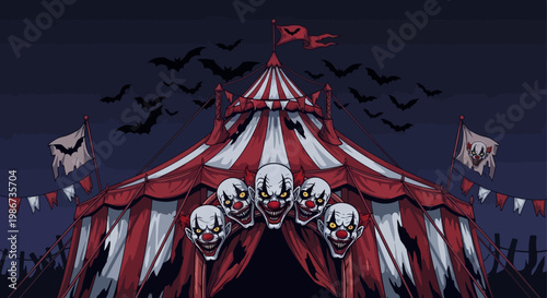 Spooky Circus Tent with Clown Faces for Halloween.