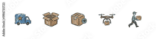 Logistics and Fast Delivery Service Icons - Drone, Truck, Box and Running Courier