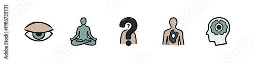 Mindfulness and Mental Health Icons - Meditation, Eye, Question, Soul and Head with Gears