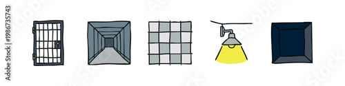 Architectural and Structural Interior Icons - Prison Door, Hallway, Grid Tile, Lamp and Dark Room