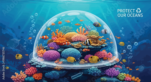 Vibrant tropical fish and colorful coral reefs thrive inside a protective glass dome submerged deep within the vast blue ocean