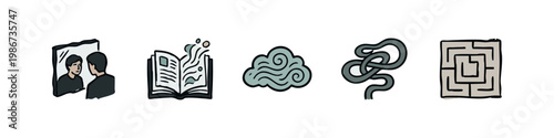 Psychology and Abstract Conceptual Icons - Mirror, Magic Book, Cloud, Knot and Labyrinth Maze