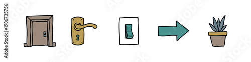 Home Fixtures and Interior Icons - Door, Handle, Light Switch, Directional Arrow and Potted Plant