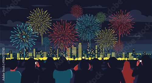 Spectators enjoying a vibrant fireworks display over a city skyline at night.