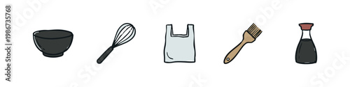 Kitchen Utensils and Household Items Icons - Whisk, Bowl, Grocery Bag, Paintbrush and Soy Sauce