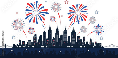 Patriotic red and blue fireworks display exploding above a dark city skyline silhouette during a festive national holiday celebration event