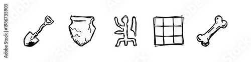 Set of five primitive archaeological icons: shovel, stone, artifact.