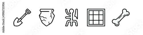 Five simple line art icons of ancient artifacts and tools.