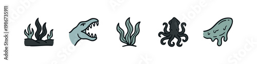 Five cartoon-style icons of marine and prehistoric creatures.