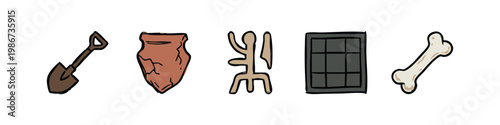 Collection of five hand-drawn icons representing archaeological finds.