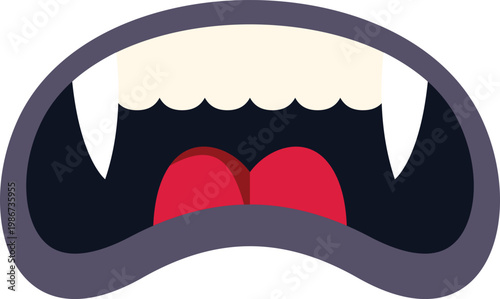 Cartoon monster mouth wide open showing fangs and tongue, a spooky halloween element
