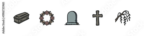 Set of five icons representing funeral and mourning symbols.