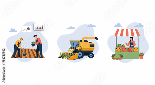 A farm food cycle map to plant grow reap and sell crop in a market