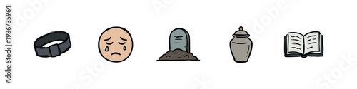 Funeral icons: mourning, tombstone, urn, book, and ring