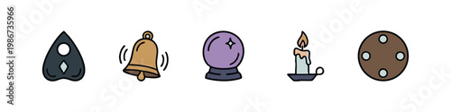 Mystical icons: Ouija board, bell, crystal ball, candle, coin