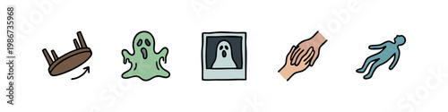 Ghost and paranormal icons: overturned table, ghost, photo, hands, body