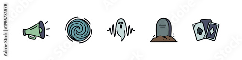 Ghostly phenomena icons: megaphone, vortex, ghost, tombstone, cards
