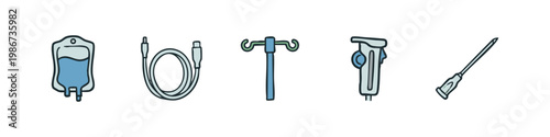 Medical equipment icons: IV bag, cable, stand, monitor, needle