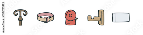 School and safety icons: cane, belt, alarm, hook, paper