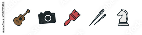 Hobby and craft icons: guitar, camera, paintbrush, needles, chess piece