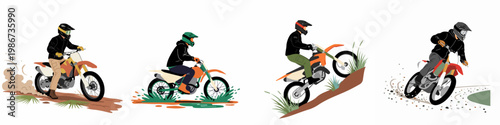 Set of four illustrations featuring professional dirt bike riders performing off-road maneuvers like hill climbing, mud racing, and drifting on white background.