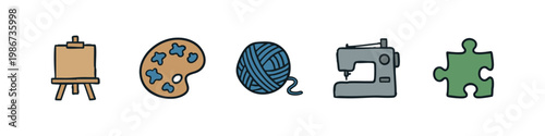 Creative and craft icons: easel, palette, yarn, sewing machine, puzzle