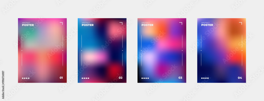 Obraz premium Collection of abstract futuristic poster designs featuring colorful gradient backgrounds, blurred liquid textures, creative templates for modern web and print applications.