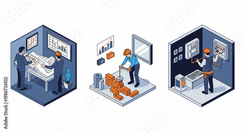 Professional construction engineering and building infrastructure project with architects workers bricklayers electricians planning and management