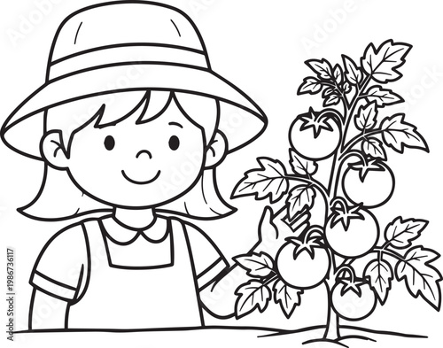 Adorable Kid Harvesting Tomatoes – Black and White Line Art Illustration