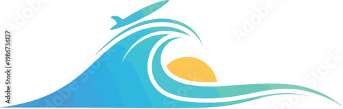 Vibrant blue and teal ocean wave logo with a surfboard and a yellow sun ideal for summer, beach, and surf themes.