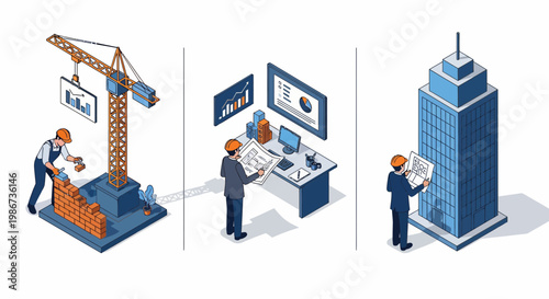 Construction industry workers building walls planning projects and inspecting finished skyscrapers in isometric vector style illustration