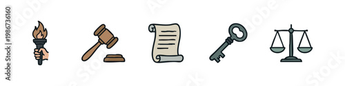 Cute cartoon icons related to law and justice