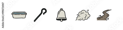 Φωτογραφία Shepherd and Rural Life Icon Set with Bell Trough and Dirt Road