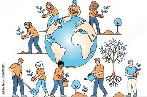 Diverse group of people working together to plant trees and care for the earth to promote global environmental sustainability efforts