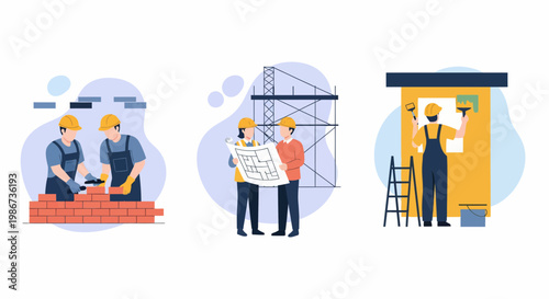 Men build wall paint team plan site map blue print job task pro do it