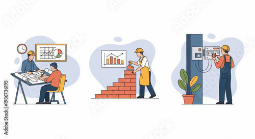 Man site team job plan build work craft skill tool task line art icon set