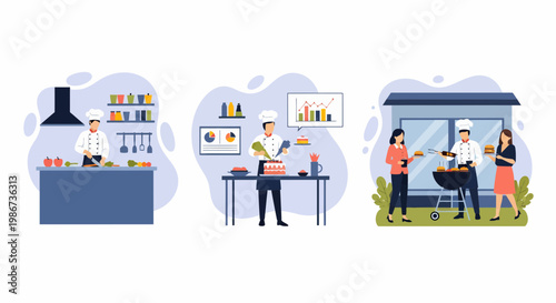 Chef cook food and bake cake grill food for people in work art and job