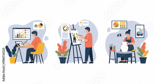 Art Lab Web Job Men And Girl Work At Desk Draw Pot Clay Daily Life