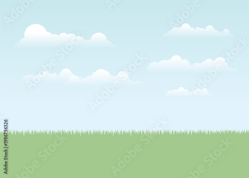 Minimalist Cartoon Landscape with Green Grass Field and Blue Sky Clouds