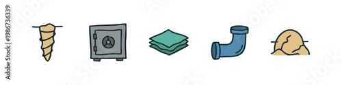 Set of hand-drawn icons depicting natural formations, security, and plumbing.