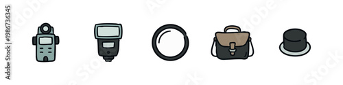 Fotografie Set of hand-drawn photography accessories and equipment icons on a white background