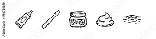 Sketched Toiletries: Toothpaste, Toothbrush, Jar, Cream, and Skin Texture