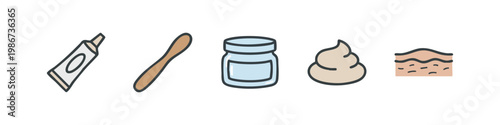 Colored Icons: Toothpaste, Wooden Spoon, Blue Jar, Cream, and Skin Layers