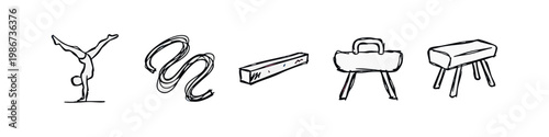 Hand-Drawn Gymnastics Icons: Acrobatic Pose, Ribbon, Beam, Pommel Horse, Vault