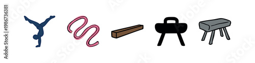 Colored Gymnastics Icons: Blue Gymnast, Pink Ribbon, Wood Beam, Black Pommel Horse