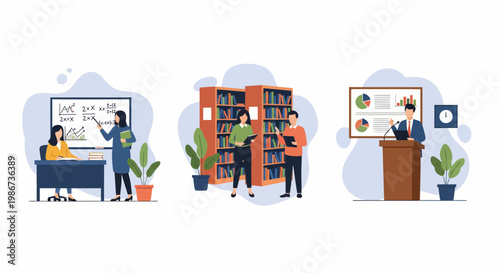 Set of men and women at library class and hall to learn teach and work well