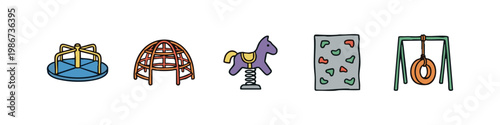 Playground Equipment Icons: Merry-go-round, Dome Climber, Rocker, Climbing Wall, Tire Swing
